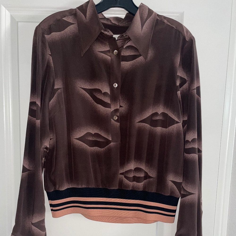 DRIES VAN NOTEN 100% Silk Brown Dreamy Lips Long Sleeve Blouse - Picture 12 of 12